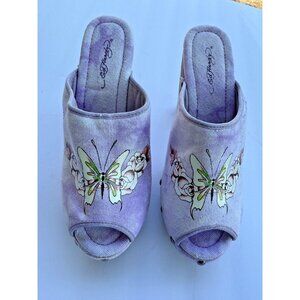 Ed Hardy Darnell Women's Purple Butterfly Wood Clogs Buckle Sz 7 worn once